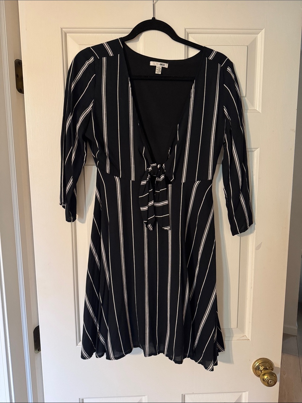 Amuse Society Black and White Striped Tie-Front Long Sleeve Dress